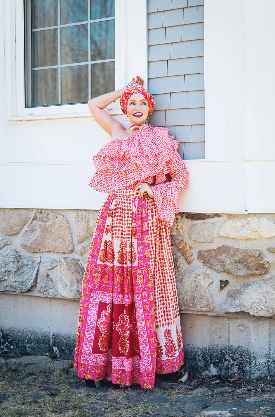 1960s Pink Printed Fine Thai Skirt with a Huge Matching Scarf