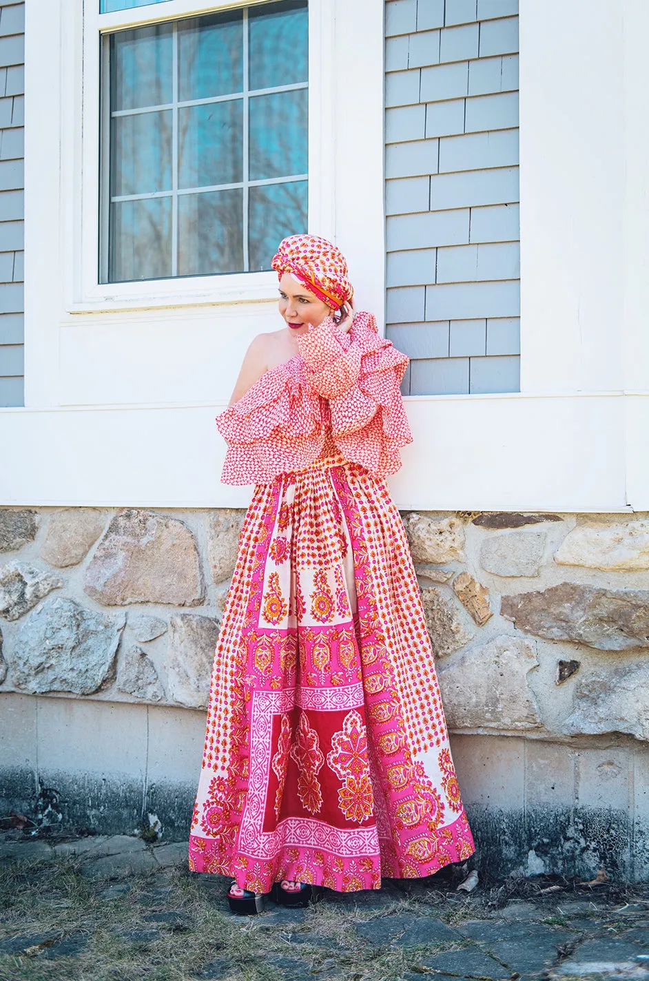 1960s Pink Printed Fine Thai Skirt with a Huge Matching Scarf