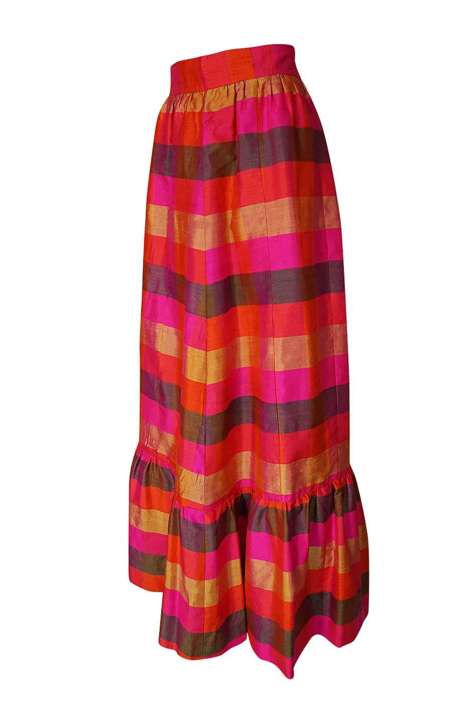 1960s Unlabeled Dramatic Pink Plaid Thai Silk  Ruffled Skirt