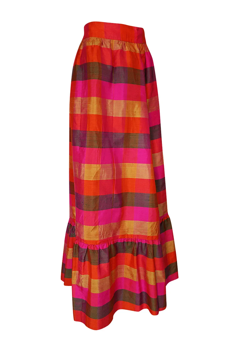 1960s Unlabeled Dramatic Pink Plaid Thai Silk  Ruffled Skirt