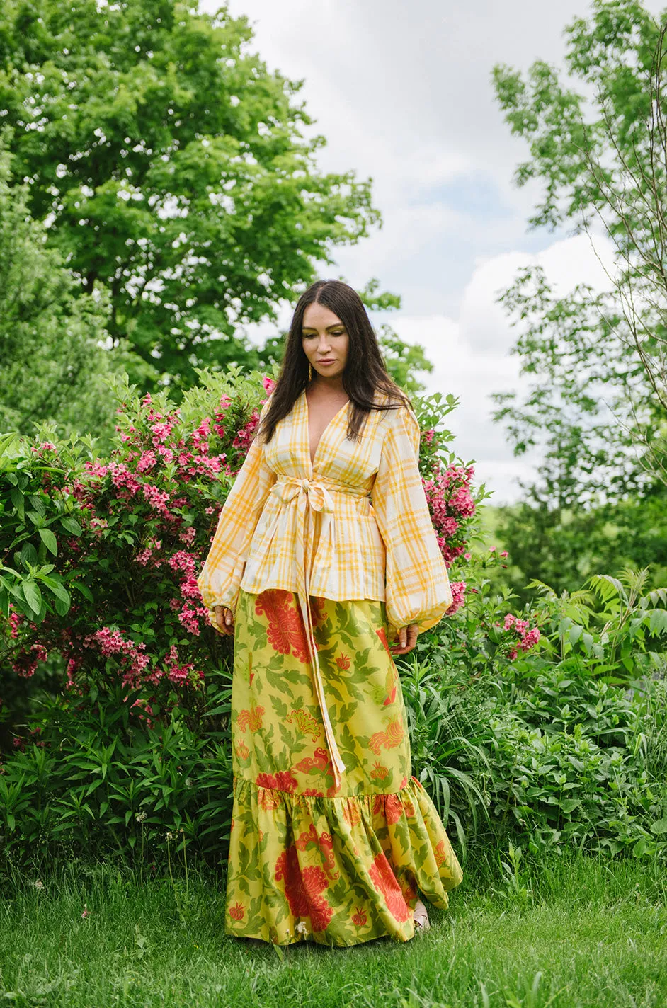 1960s Unlabelled Coral & Green Floral Print on Yellow Silk Skirt