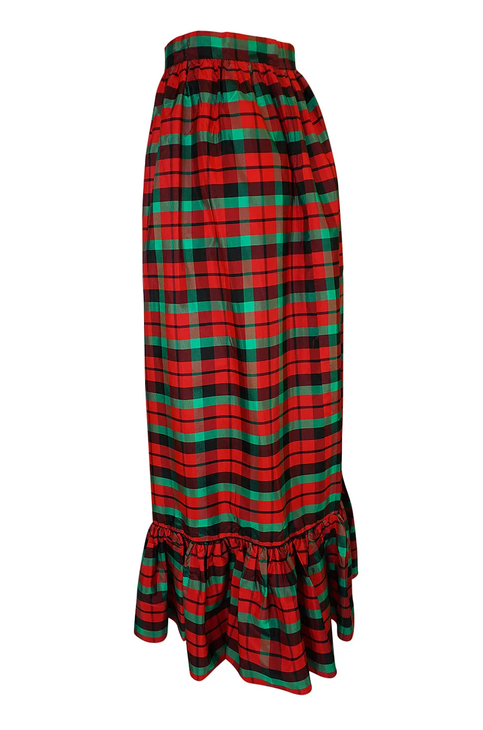 1960s Unlabelled Red & Green Plaid Silk Taffeta Ruffle Skirt