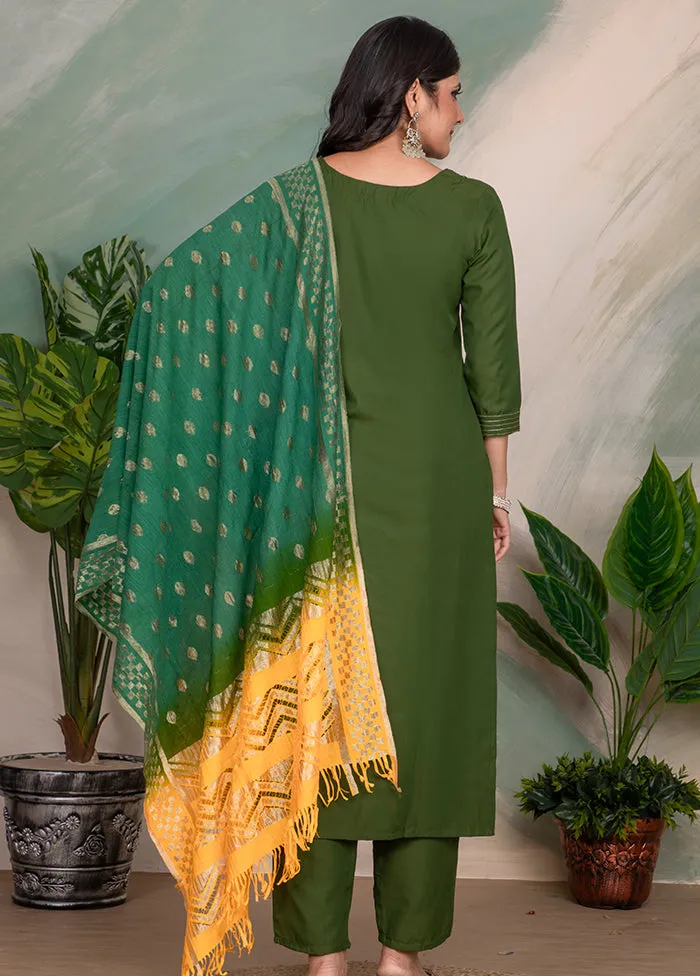 3 Pc Green Readymade Silk Dupatta Suit Set