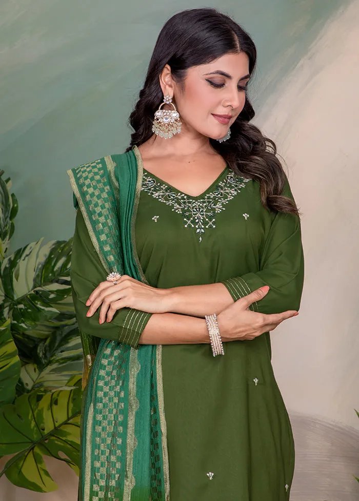 3 Pc Green Readymade Silk Dupatta Suit Set