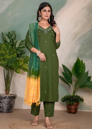 3 Pc Green Readymade Silk Dupatta Suit Set