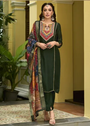 3 Pc Mehendi Readymade Silk Dupatta Suit Set