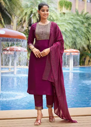 3 Pc Purple Readymade Silk Dupatta Suit Set