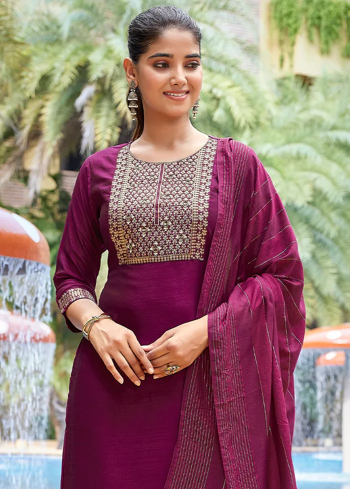 3 Pc Purple Readymade Silk Dupatta Suit Set