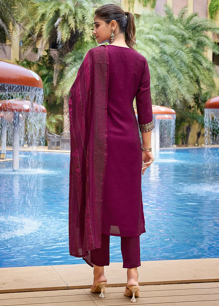 3 Pc Purple Readymade Silk Dupatta Suit Set