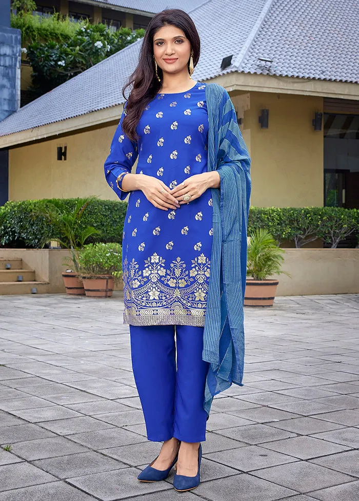 3 Pc Royal Blue Readymade Silk Dupatta Suit Set