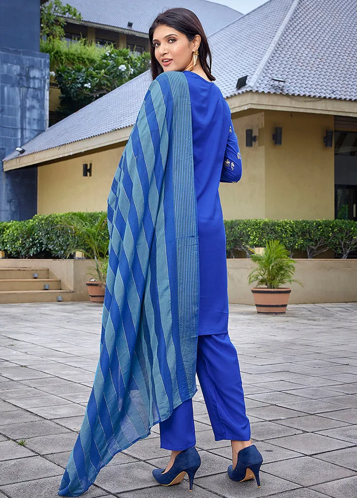 3 Pc Royal Blue Readymade Silk Dupatta Suit Set