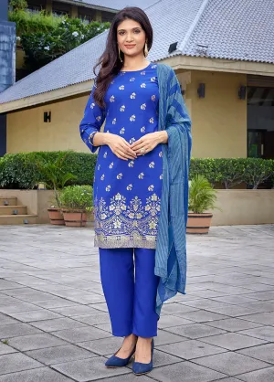3 Pc Royal Blue Readymade Silk Dupatta Suit Set
