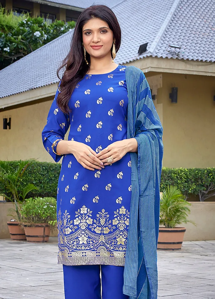 3 Pc Royal Blue Readymade Silk Dupatta Suit Set