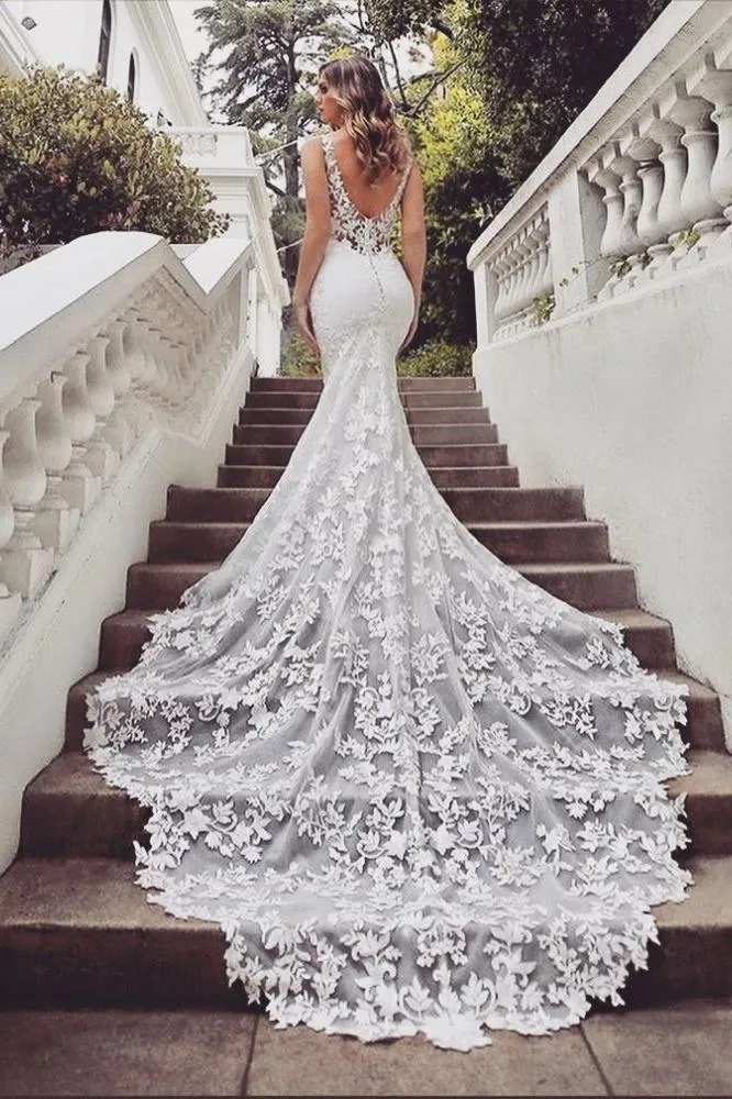 AmazingTrain Sleeveless V neck Lace mermaid wedding dresses