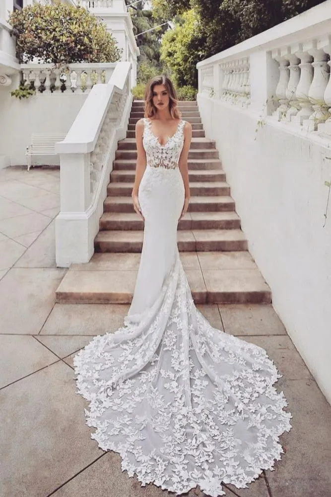 AmazingTrain Sleeveless V neck Lace mermaid wedding dresses