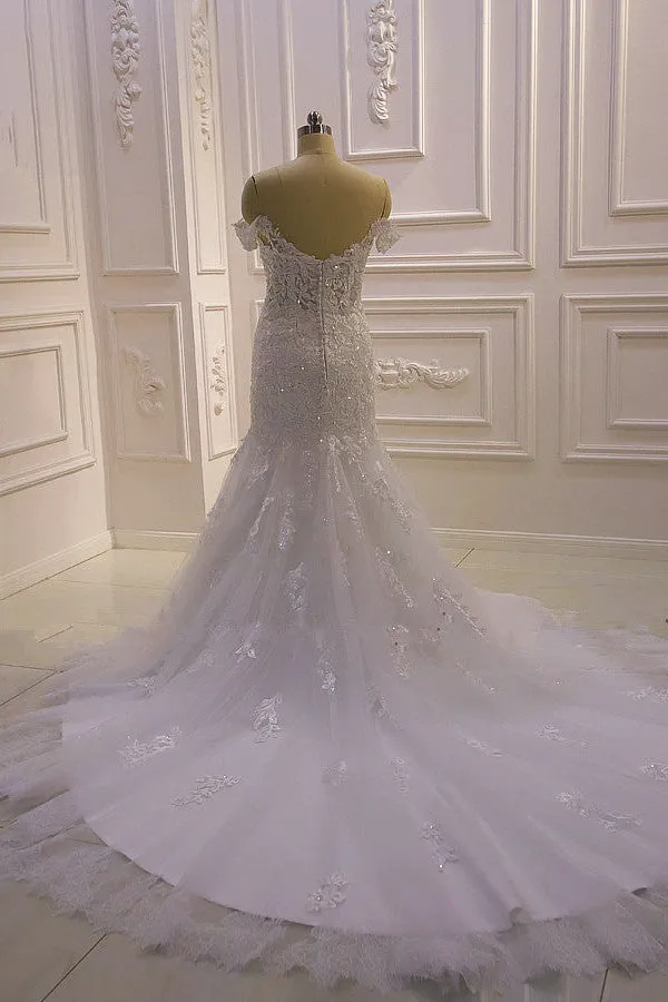 AmazingWhite 3D Lace applique Off the Shoulder Mermaid Bridal Gowns