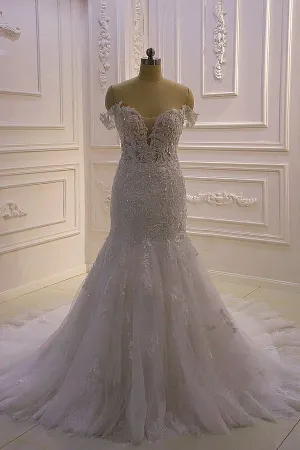 AmazingWhite 3D Lace applique Off the Shoulder Mermaid Bridal Gowns