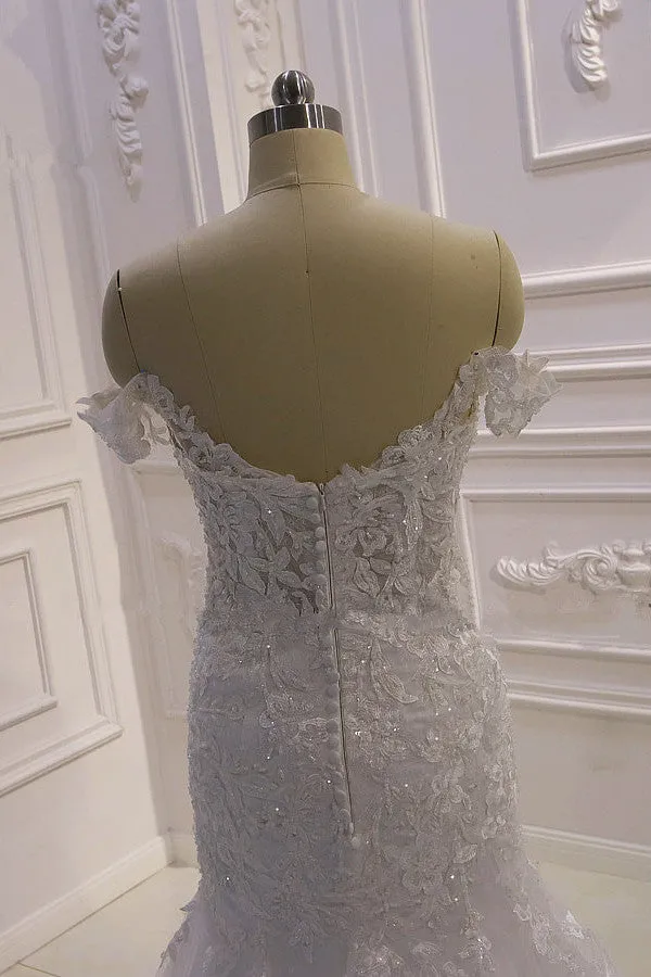 AmazingWhite 3D Lace applique Off the Shoulder Mermaid Bridal Gowns