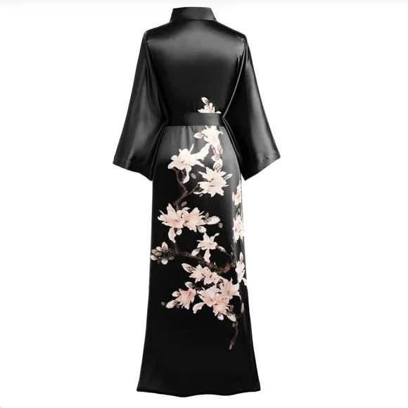 BABEYOND Long Floral Satin Kimono Robe Silky Sleepware and Bath Robe