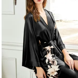 BABEYOND Long Floral Satin Kimono Robe Silky Sleepware and Bath Robe