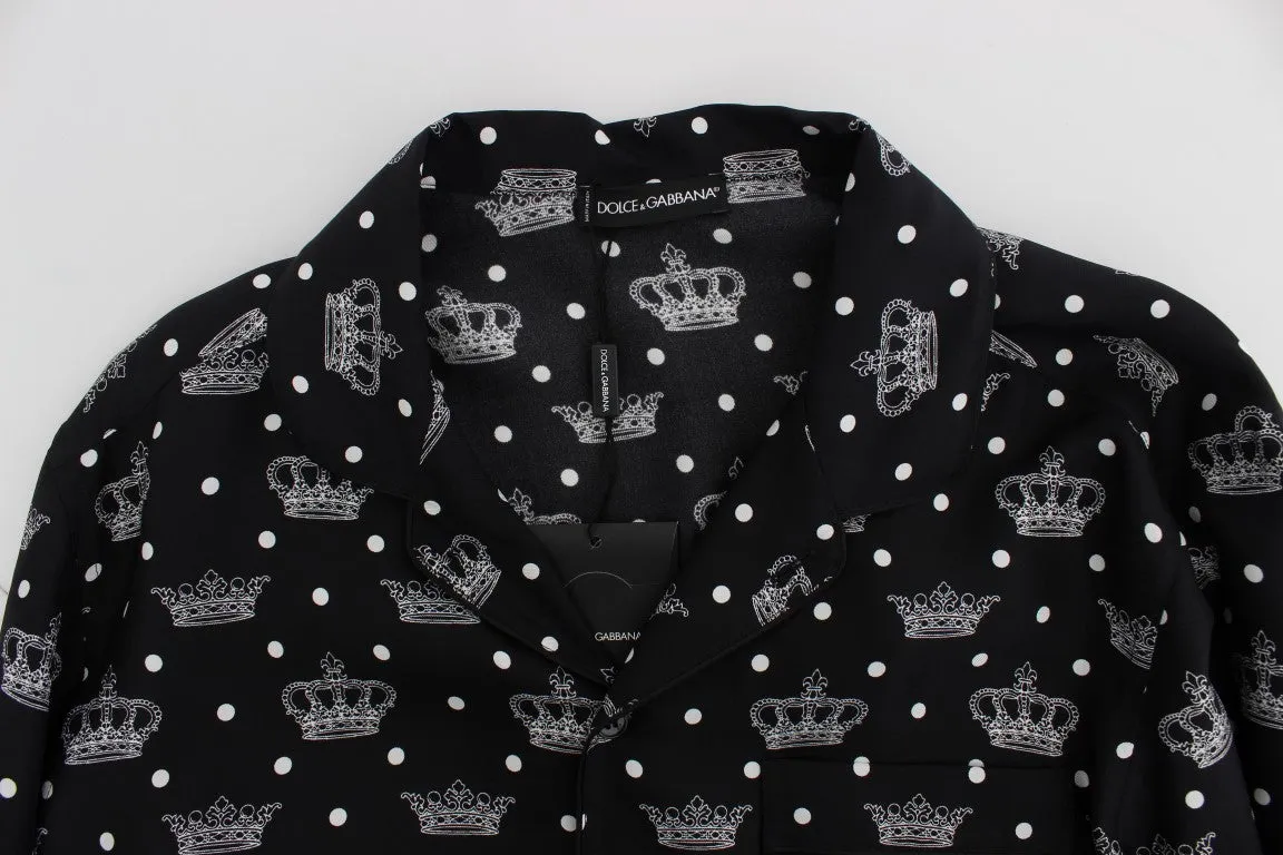 Black Crown Print Silk Pajama Shirt