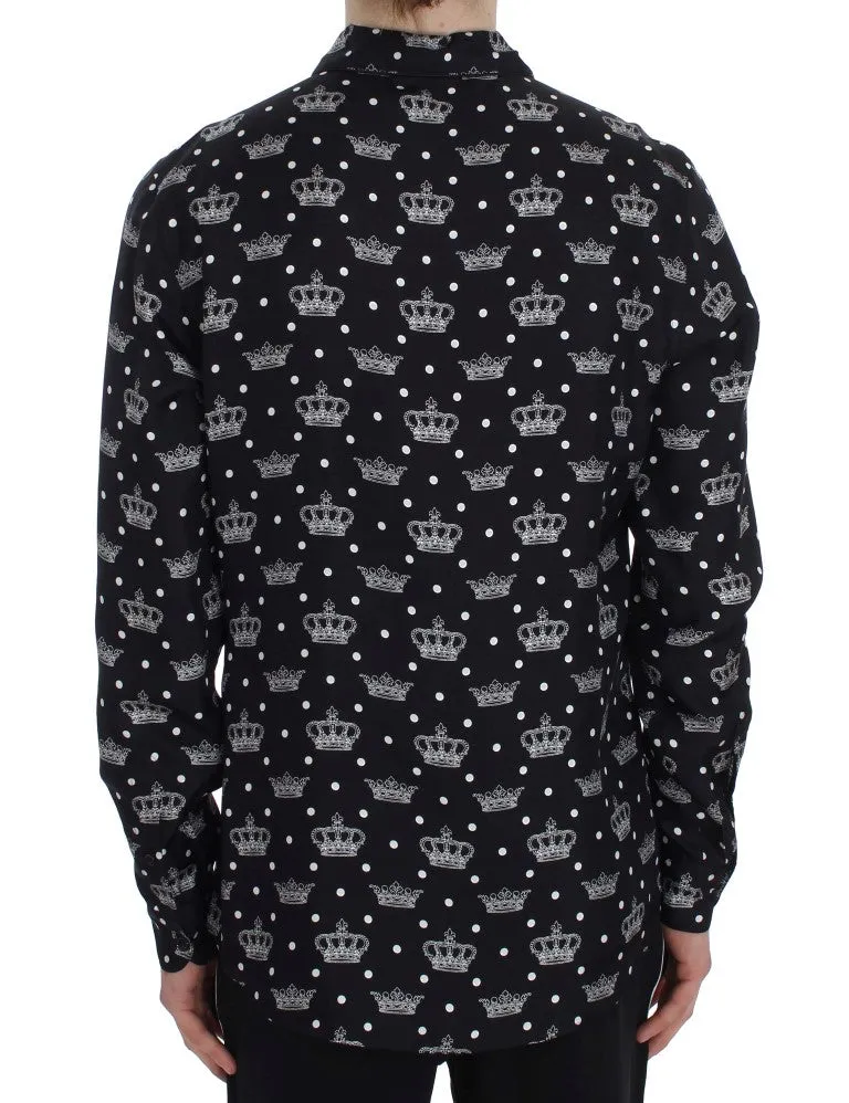 Black Crown Print Silk Pajama Shirt