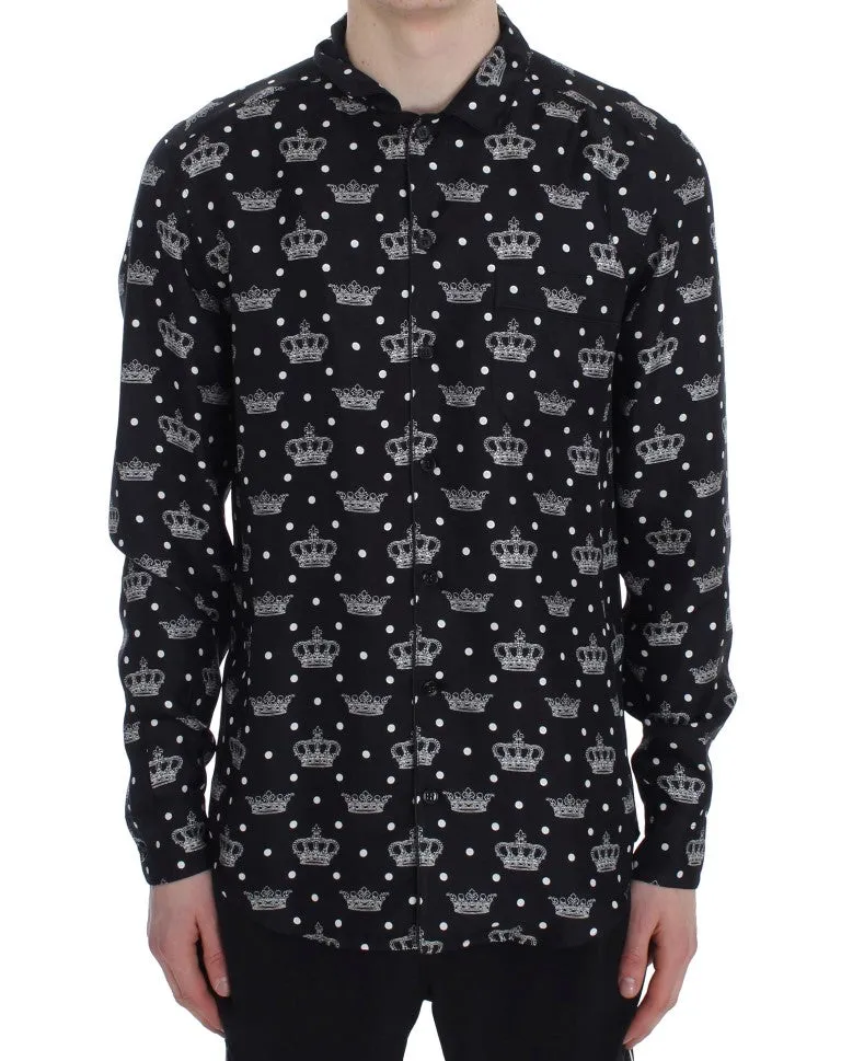 Black Crown Print Silk Pajama Shirt