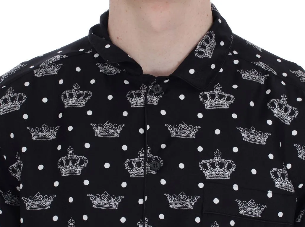 Black Crown Print Silk Pajama Shirt