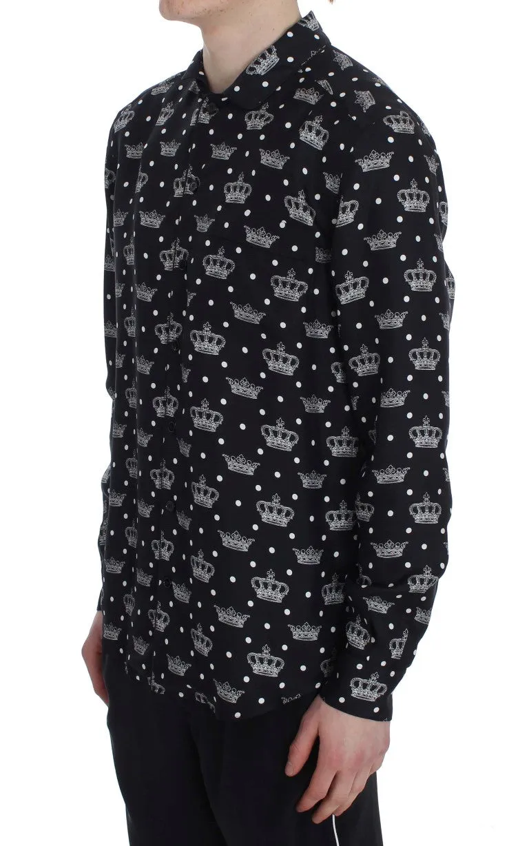 Black Crown Print Silk Pajama Shirt