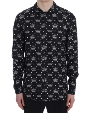 Black Crown Print Silk Pajama Shirt