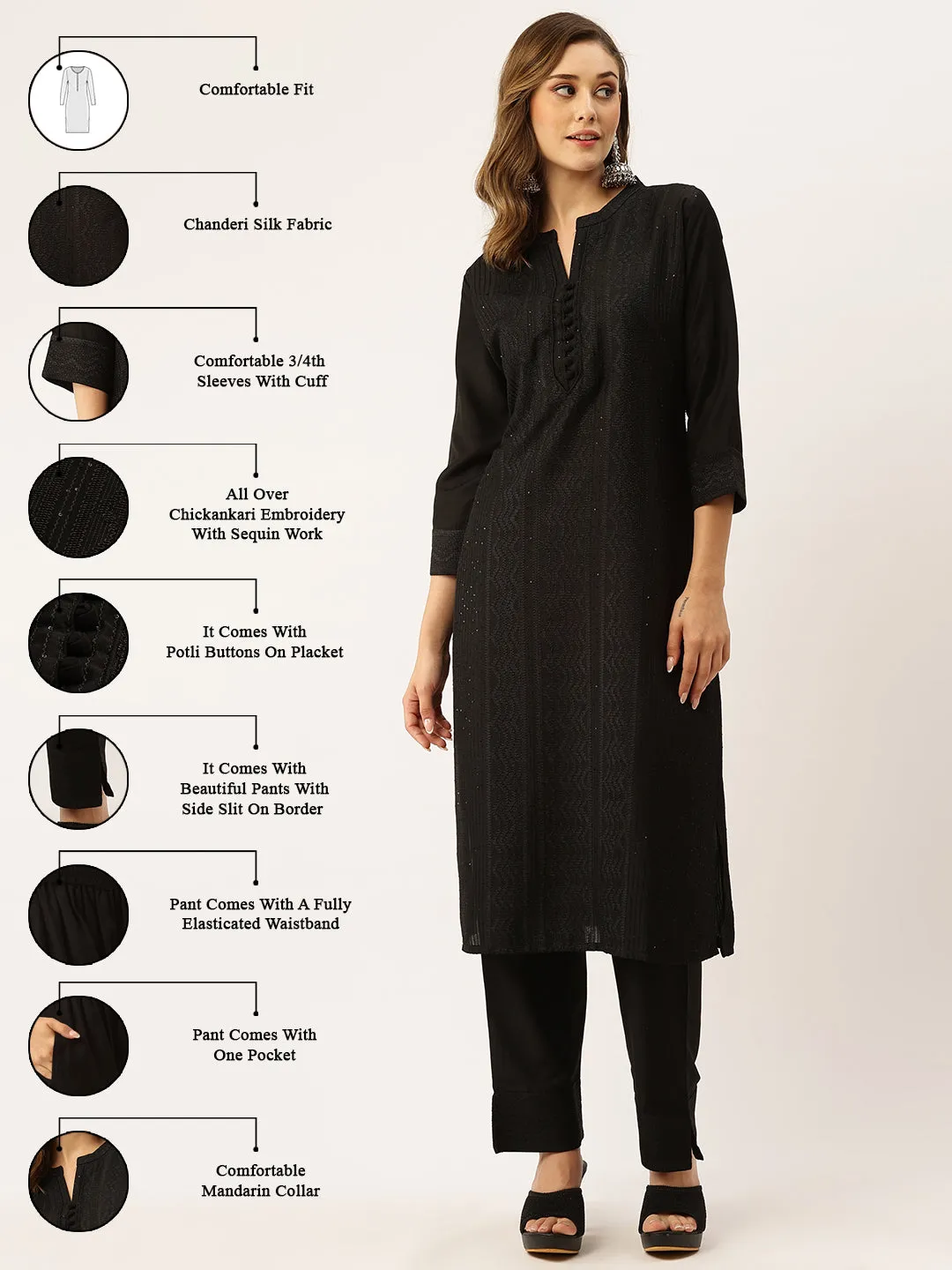 Black Kurta Set For Women - Mandarin Collar Chanderi Silk Chikankari Embroidery - ZOLA