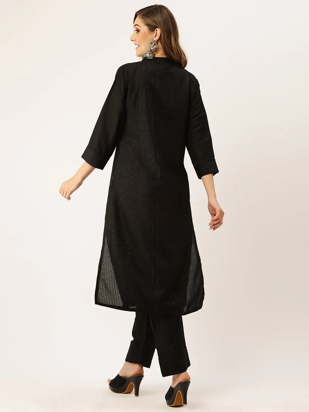 Black Kurta Set For Women - Mandarin Collar Chanderi Silk Chikankari Embroidery - ZOLA