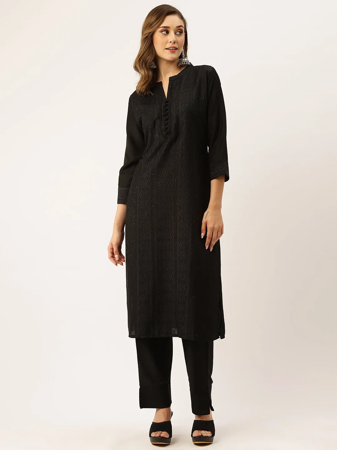 Black Kurta Set For Women - Mandarin Collar Chanderi Silk Chikankari Embroidery - ZOLA
