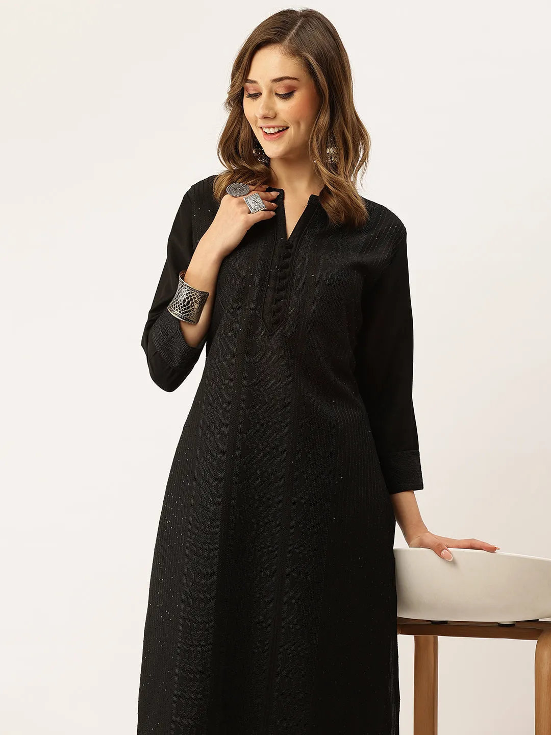 Black Kurta Set For Women - Mandarin Collar Chanderi Silk Chikankari Embroidery - ZOLA