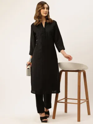 Black Kurta Set For Women - Mandarin Collar Chanderi Silk Chikankari Embroidery - ZOLA