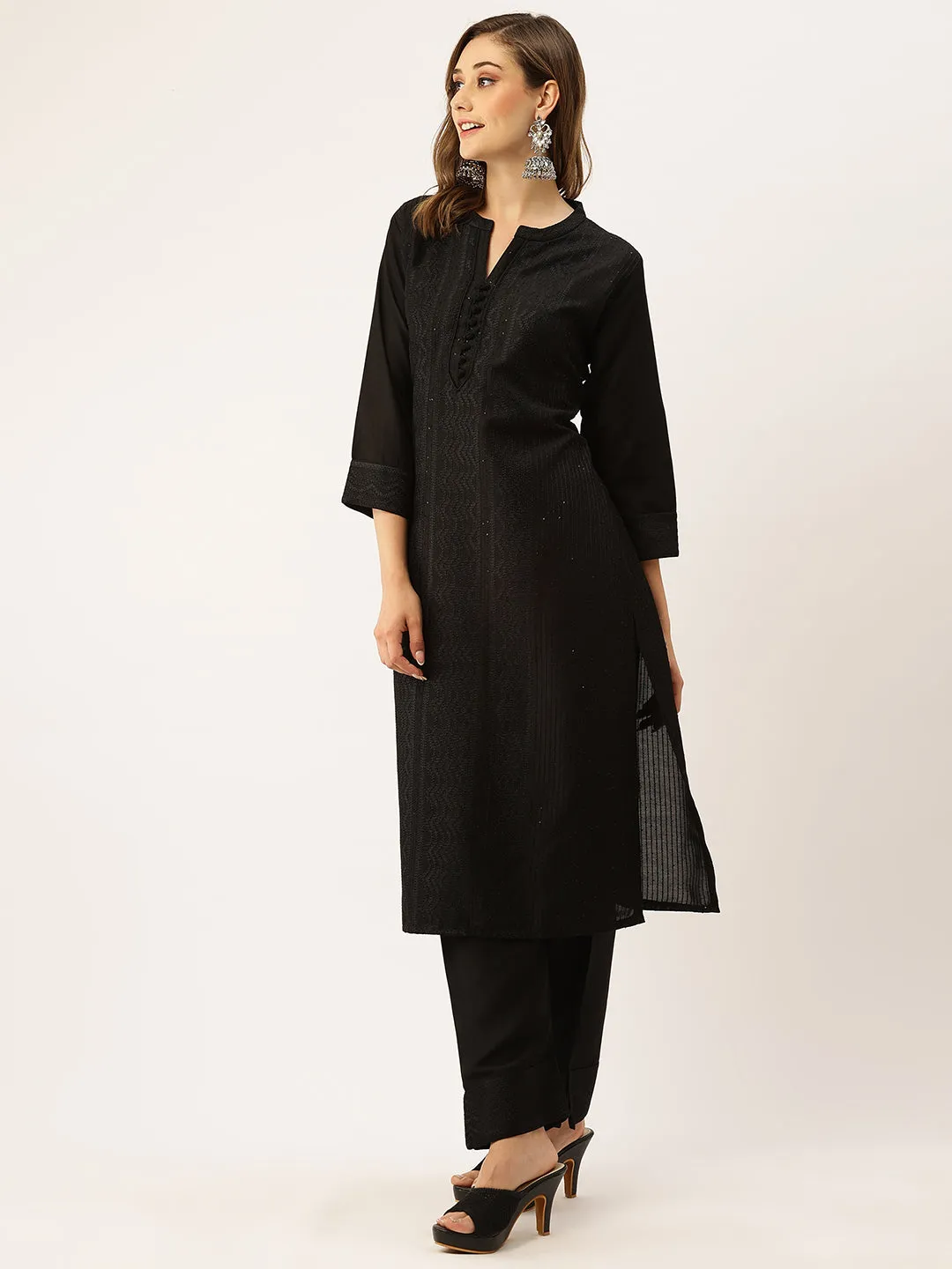 Black Kurta Set For Women - Mandarin Collar Chanderi Silk Chikankari Embroidery - ZOLA