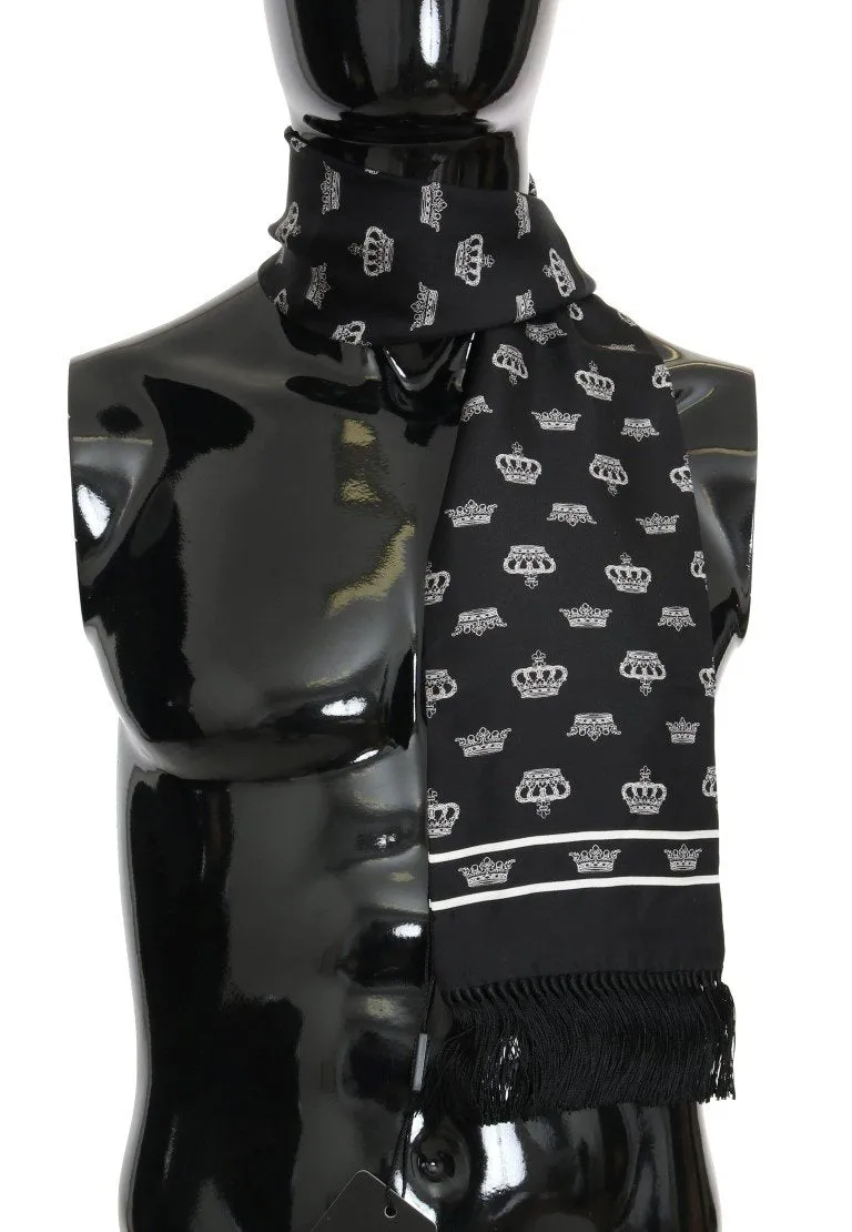 Black Silk Crown Print Scarf