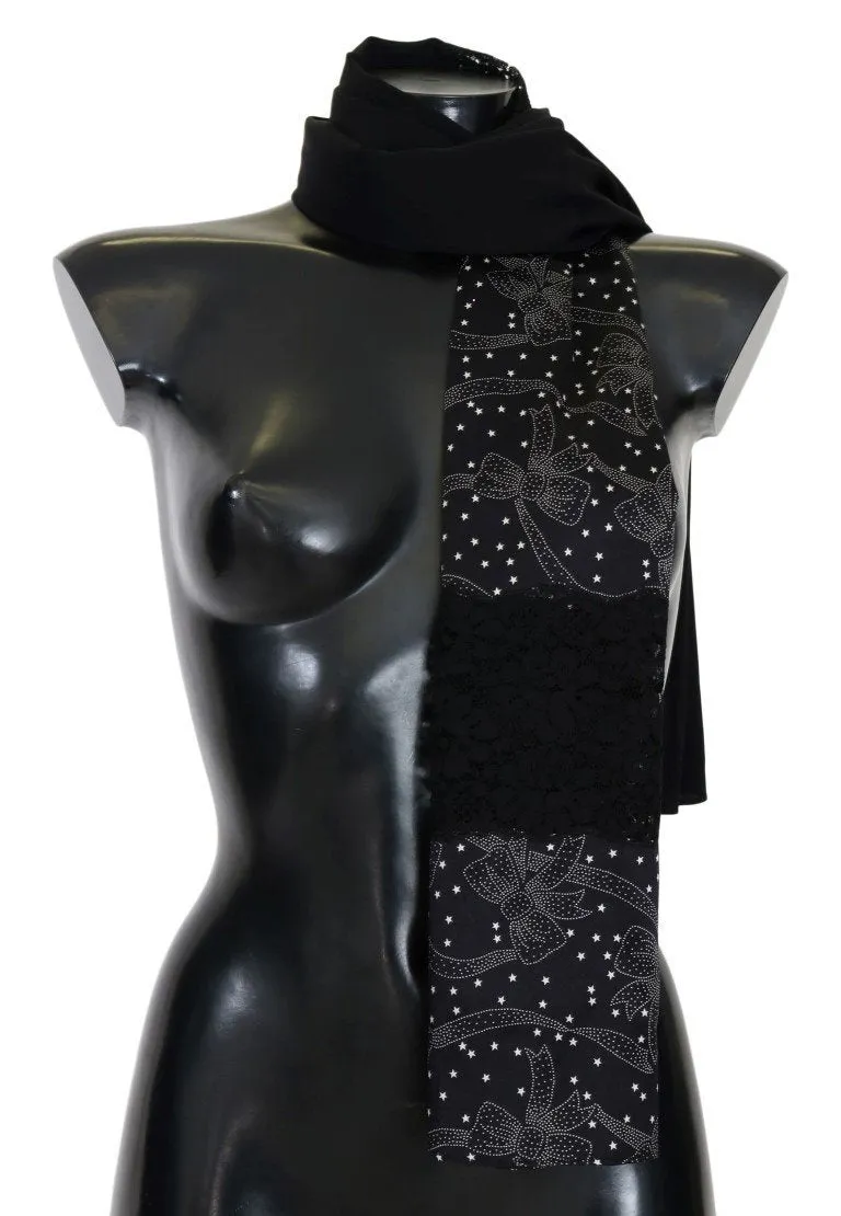 Black Silk Floral Print Scarf
