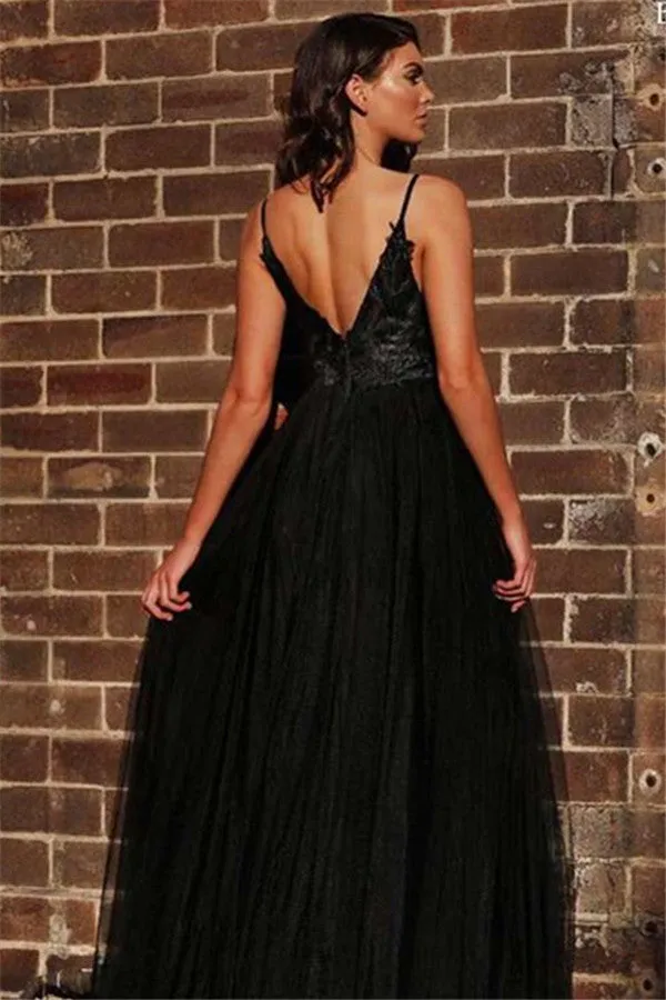 Black Spaghetti Straps Open Back Evening Gowns Chic Sleeveless Backless V-neck Formal Dresses With Slit