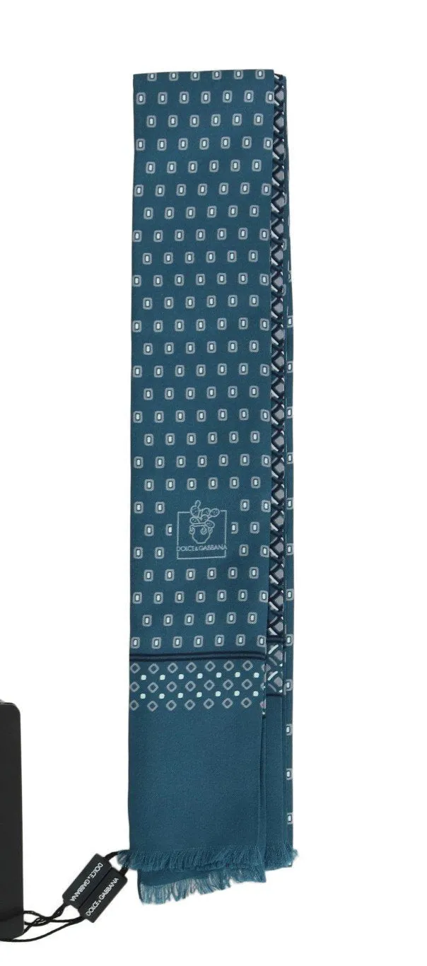 Blue Silk Patterned Skinny Scarf