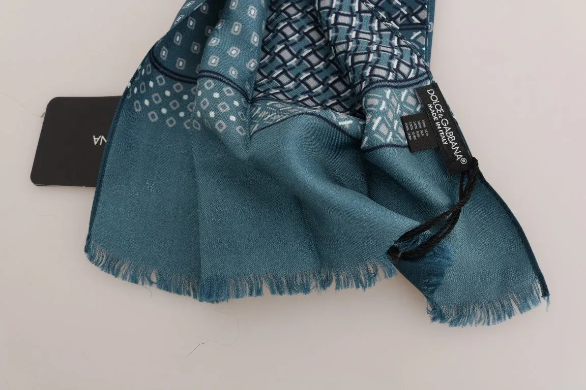 Blue Silk Patterned Skinny Scarf
