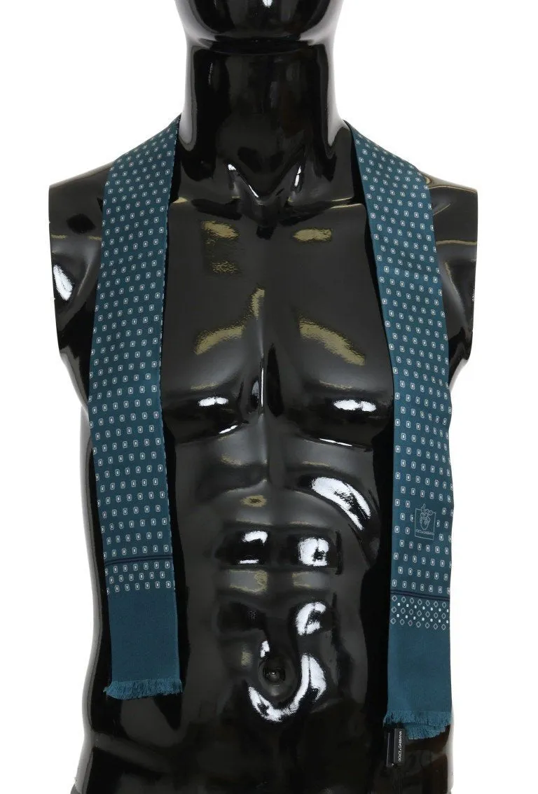 Blue Silk Patterned Skinny Scarf