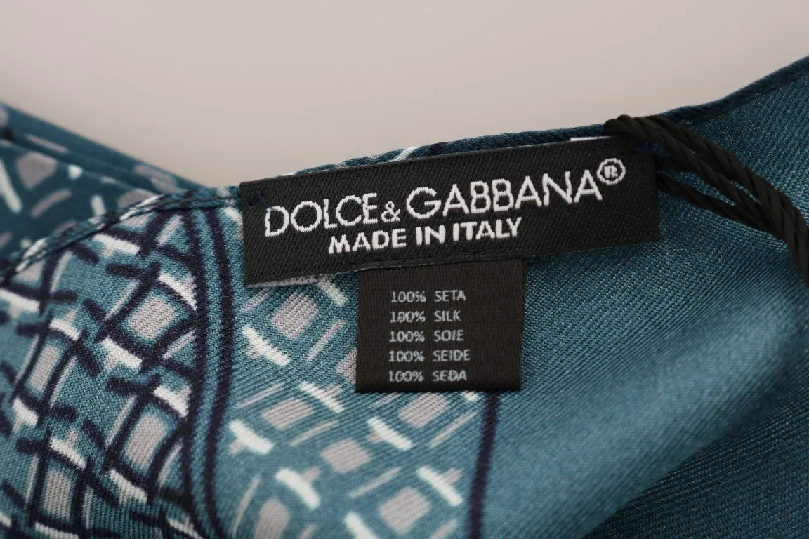 Blue Silk Patterned Skinny Scarf