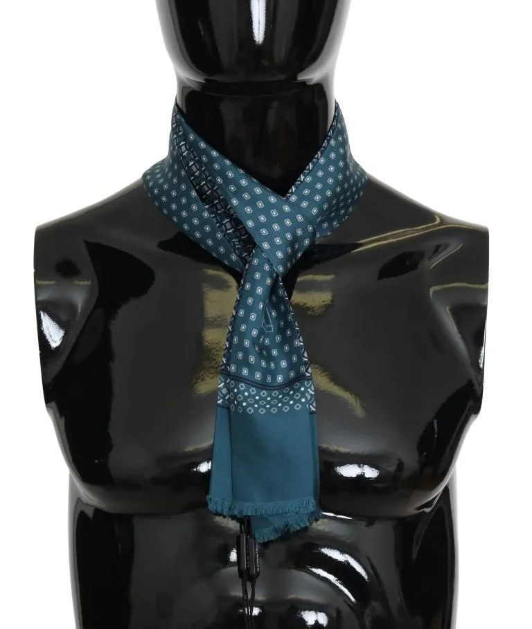 Blue Silk Patterned Skinny Scarf