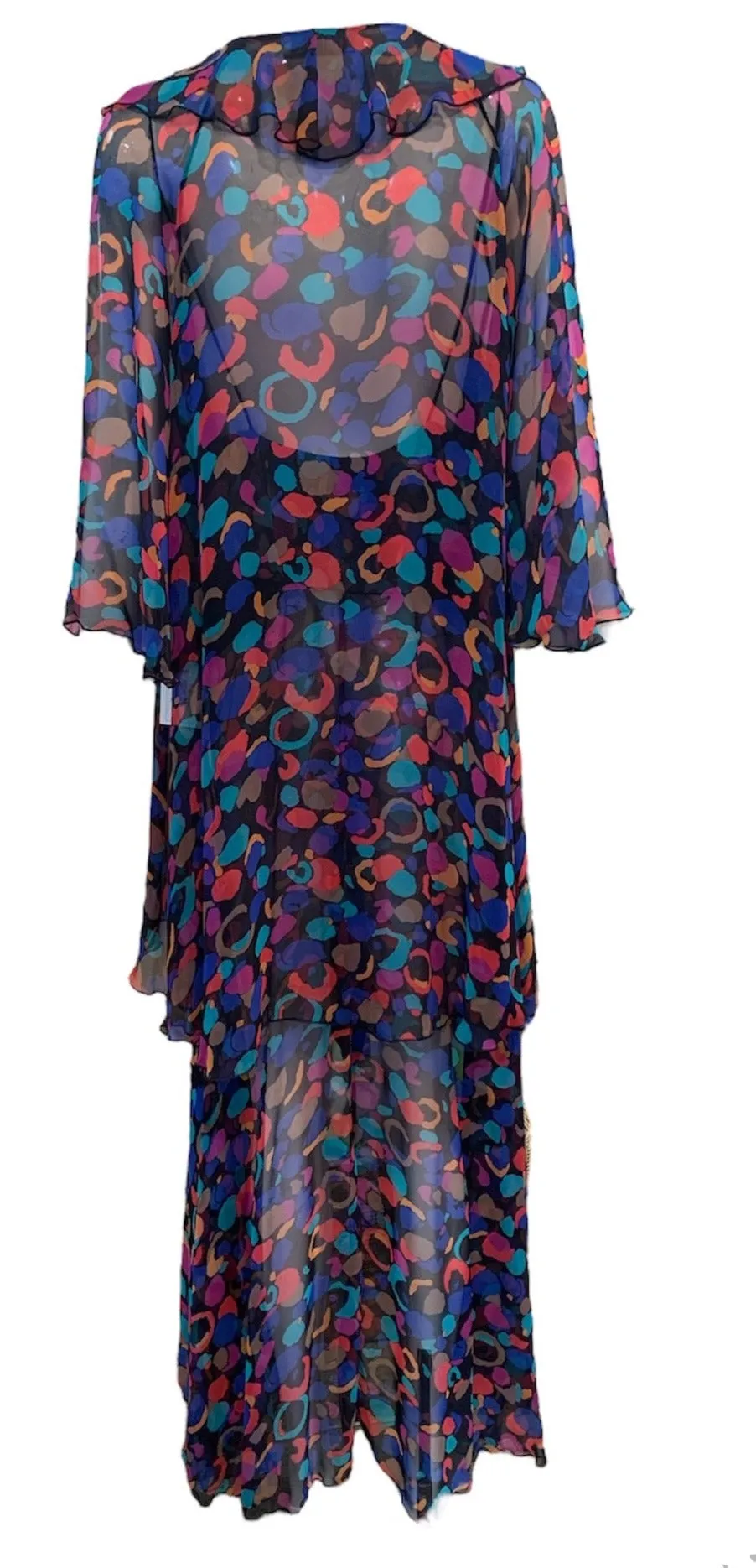 Bob Mackie Black Multicolor Print Two Piece Peignoir Set