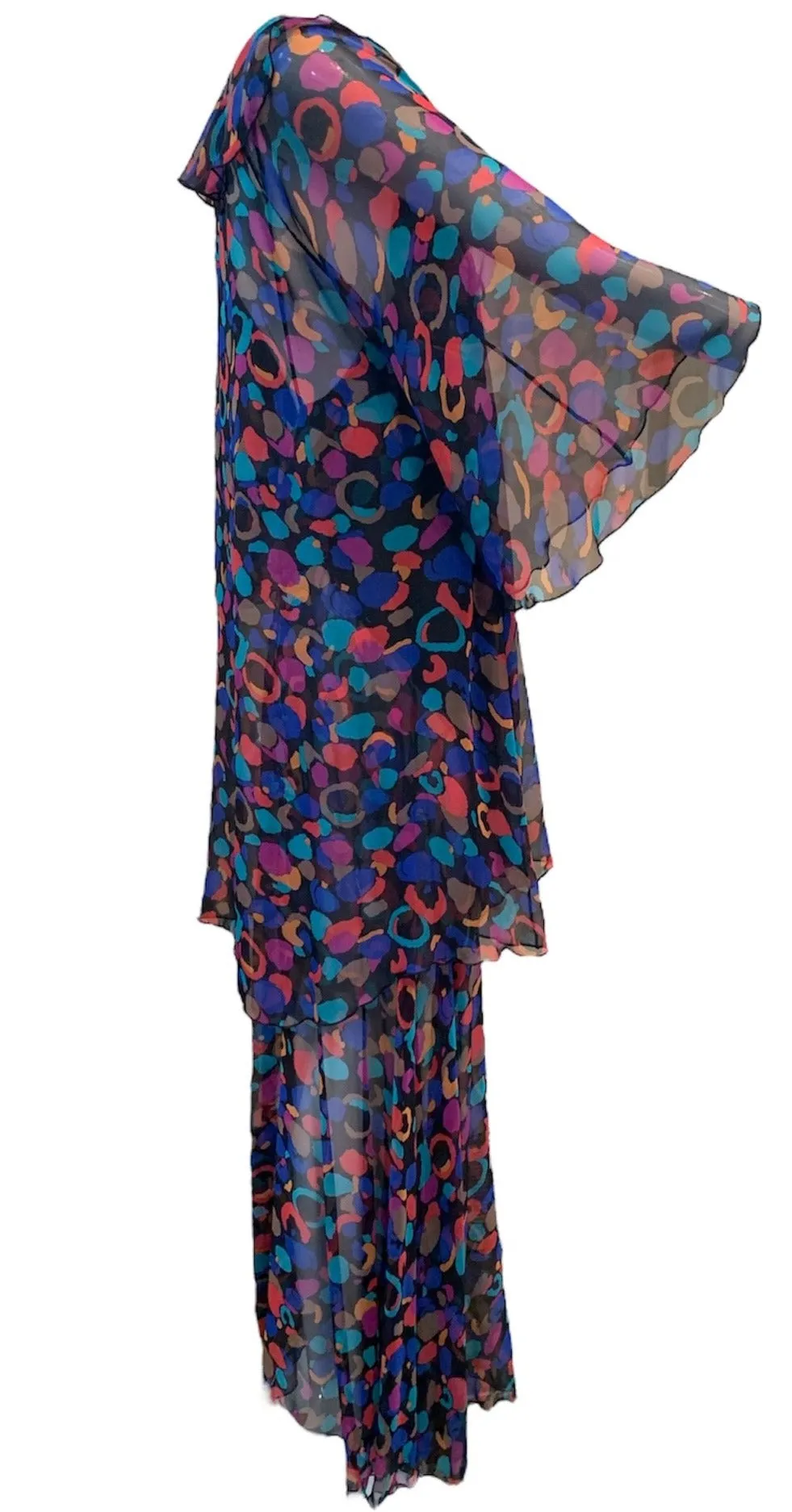 Bob Mackie Black Multicolor Print Two Piece Peignoir Set