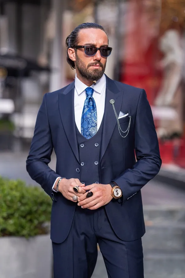 Brabion Lance Navy Blue Slim Fit Peak Lapel 3 Piece Suit
