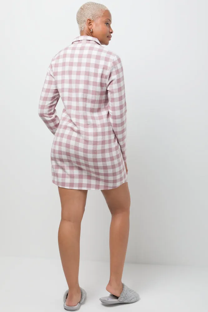 Button Up Flannel Sleepshirt Pink