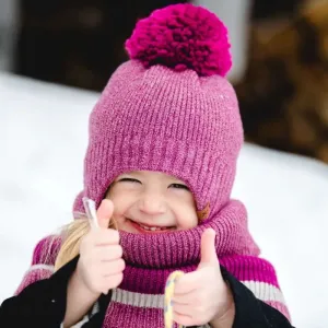 Calikids Girls Knit Windproof Pom Pom Hat - Berry