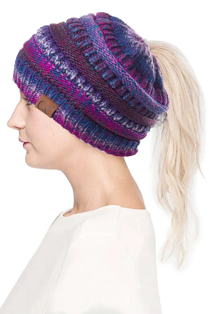C.C Multi Color Cable Knit Beanie Ponytail Hat